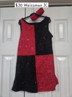Weissman Red and Black Sequin Block Dance Costume with Headband